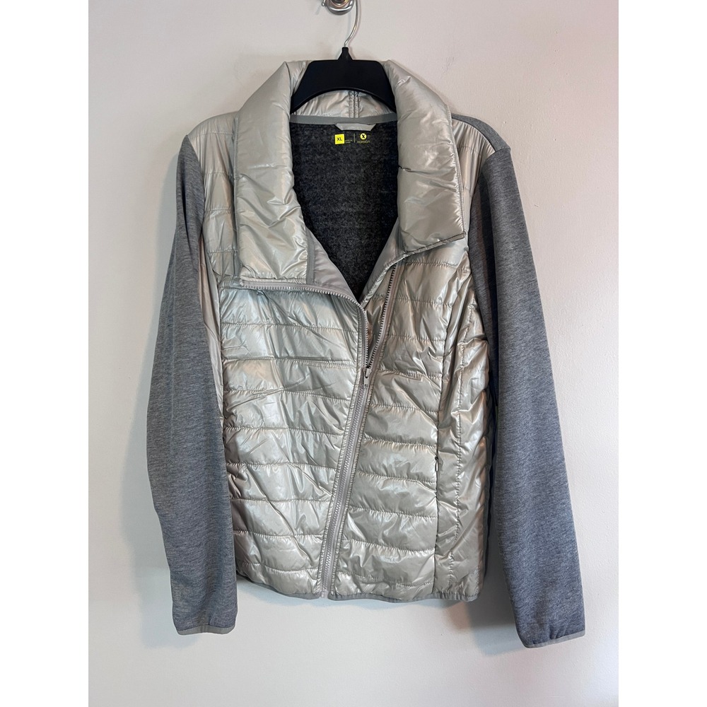 Xersion Womens Mixed Media Quilted Puffer Knit Jacket Pearlized Grey XL NEW